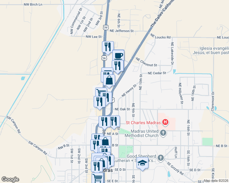 map of restaurants, bars, coffee shops, grocery stores, and more near Northeast US Highway 97 in Jefferson County