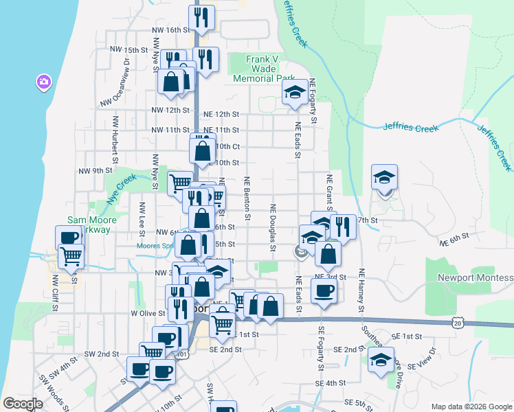 map of restaurants, bars, coffee shops, grocery stores, and more near 715 Northeast Benton Street in Newport