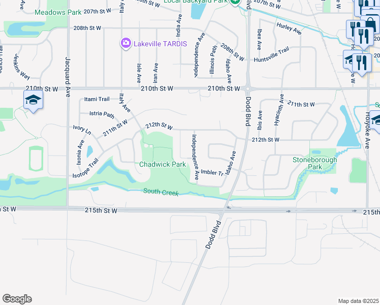 map of restaurants, bars, coffee shops, grocery stores, and more near 21271 Independence Avenue in Lakeville