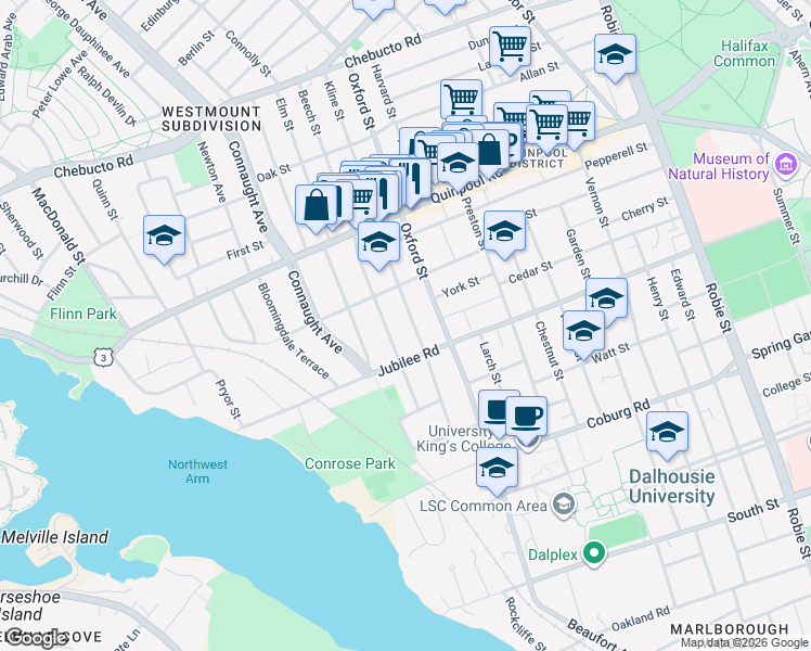 map of restaurants, bars, coffee shops, grocery stores, and more near 1746 Cambridge Street in Halifax