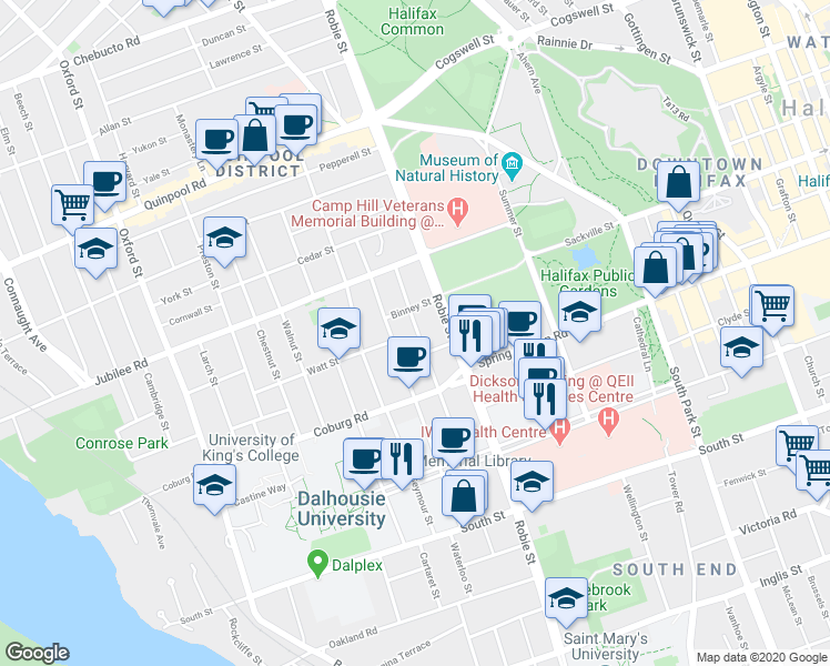 map of restaurants, bars, coffee shops, grocery stores, and more near 1620 Edward Street in Halifax