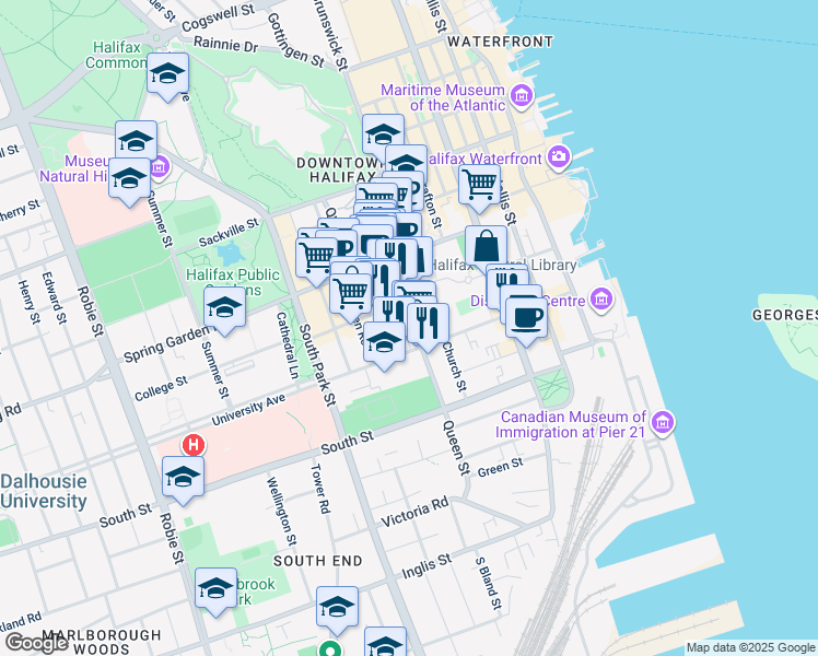 map of restaurants, bars, coffee shops, grocery stores, and more near 5303 Morris Street in Halifax