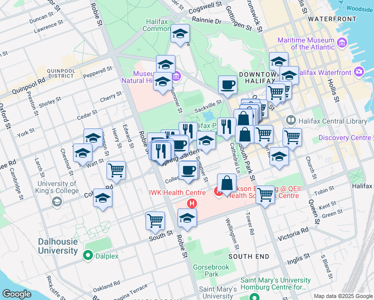 map of restaurants, bars, coffee shops, grocery stores, and more near in Halifax