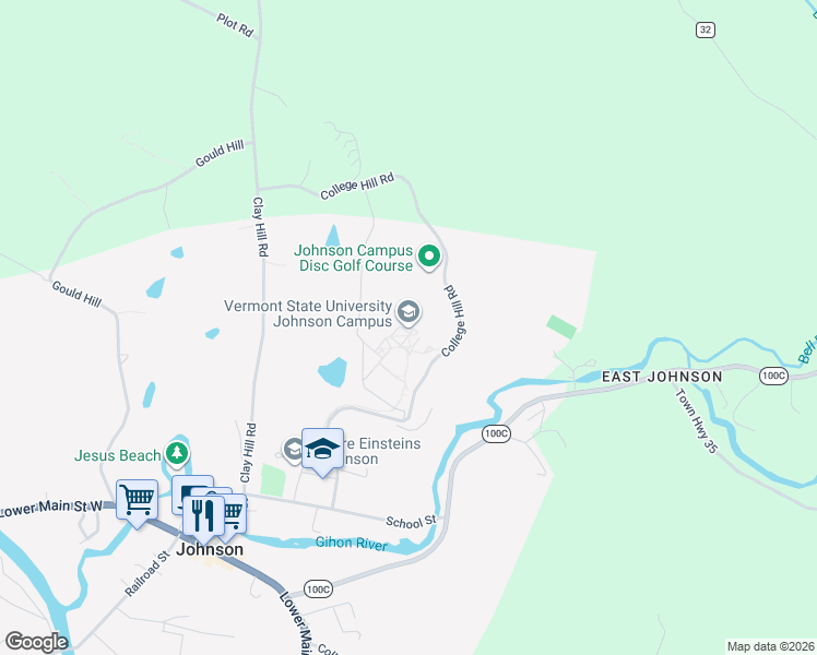 map of restaurants, bars, coffee shops, grocery stores, and more near 337 College Hill Road in Johnson