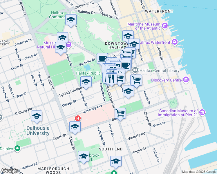 map of restaurants, bars, coffee shops, grocery stores, and more near 1445 South Park Street in Halifax