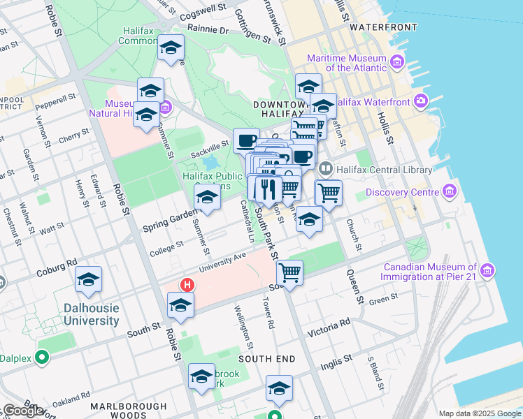 map of restaurants, bars, coffee shops, grocery stores, and more near 1445 South Park Street in Halifax