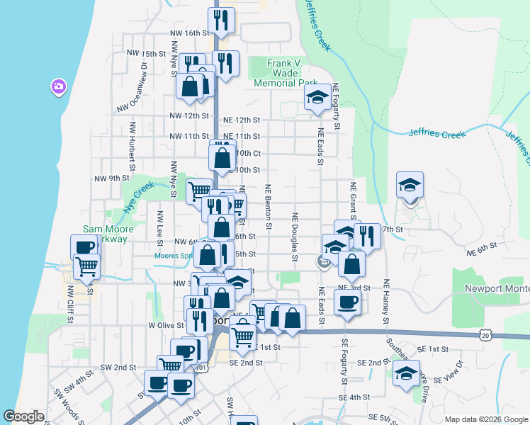 map of restaurants, bars, coffee shops, grocery stores, and more near 715 Northeast Benton Street in Newport