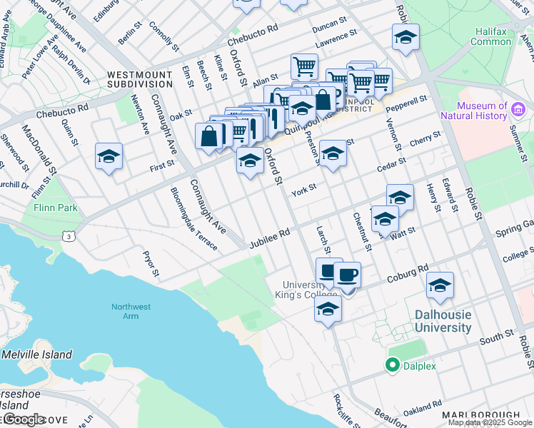 map of restaurants, bars, coffee shops, grocery stores, and more near 1750 Cambridge Street in Halifax