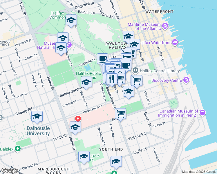 map of restaurants, bars, coffee shops, grocery stores, and more near 1445 South Park Street in Halifax