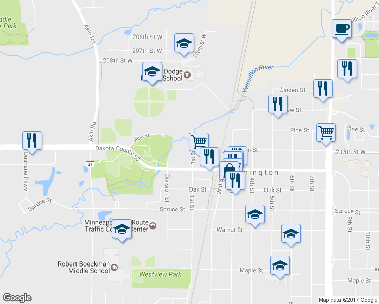 map of restaurants, bars, coffee shops, grocery stores, and more near 200 1st Street in Farmington