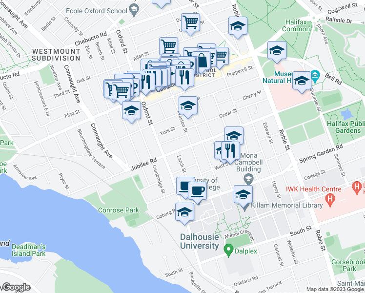 map of restaurants, bars, coffee shops, grocery stores, and more near 6303 Jubilee Road in Halifax