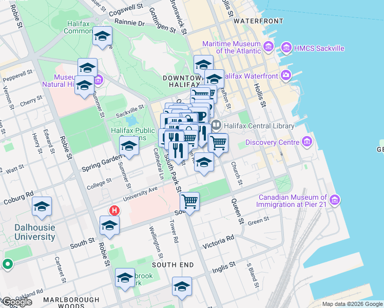 map of restaurants, bars, coffee shops, grocery stores, and more near 5543 Clyde Street in Halifax