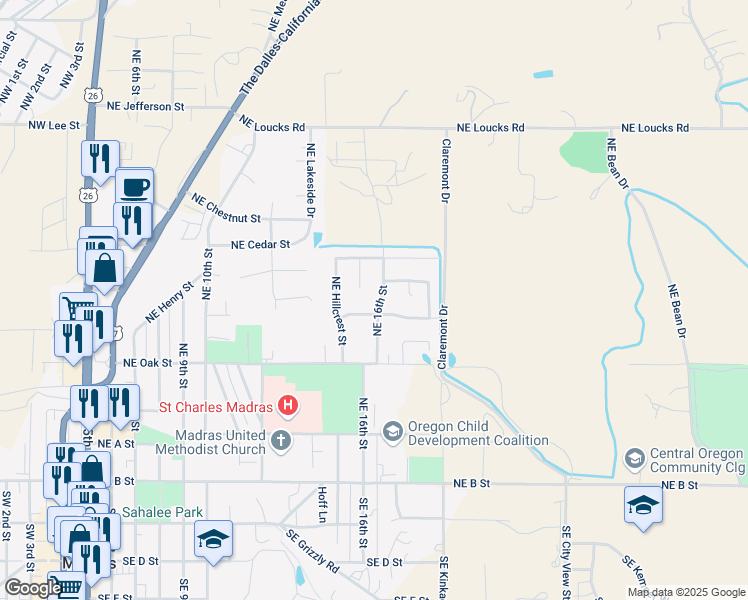 map of restaurants, bars, coffee shops, grocery stores, and more near 390 Northeast 16th Street in Madras