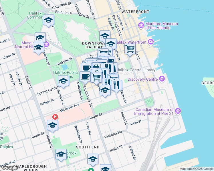 map of restaurants, bars, coffee shops, grocery stores, and more near 1345 Birmingham Street in Halifax