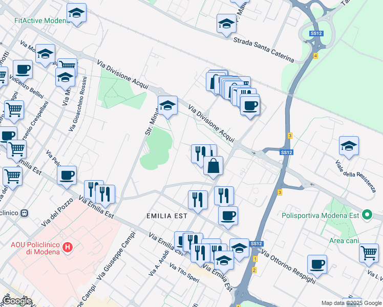 map of restaurants, bars, coffee shops, grocery stores, and more near 39 Via Saverio Mercadante in Modena