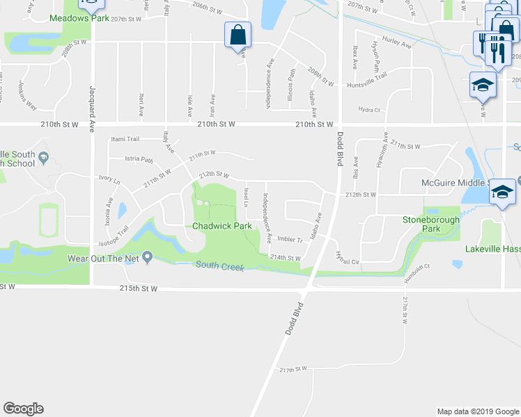 map of restaurants, bars, coffee shops, grocery stores, and more near 21271 Independence Avenue in Lakeville