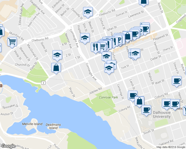 map of restaurants, bars, coffee shops, grocery stores, and more near 6576 Norwood Street in Halifax