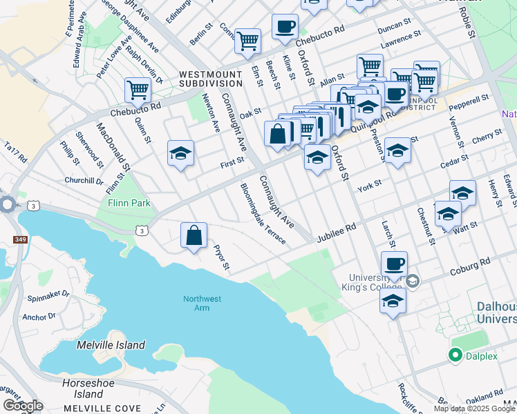 map of restaurants, bars, coffee shops, grocery stores, and more near 1919 Bloomingdale Terrace in Halifax