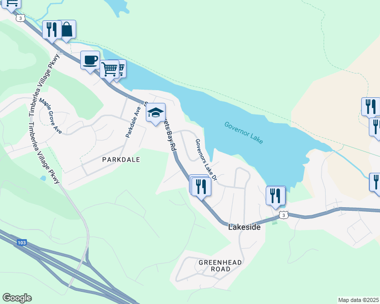 map of restaurants, bars, coffee shops, grocery stores, and more near 69 Governors Lake Drive in Timberlea