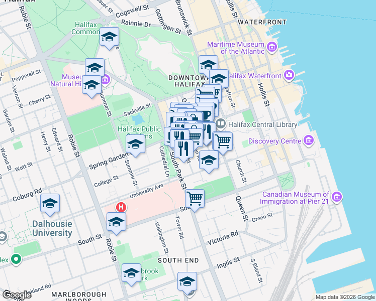 map of restaurants, bars, coffee shops, grocery stores, and more near 1445 Brenton Street in Halifax