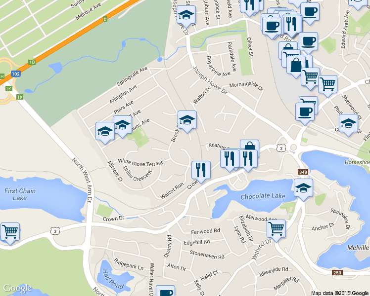 map of restaurants, bars, coffee shops, grocery stores, and more near 9 Palmer Hill Road in Halifax