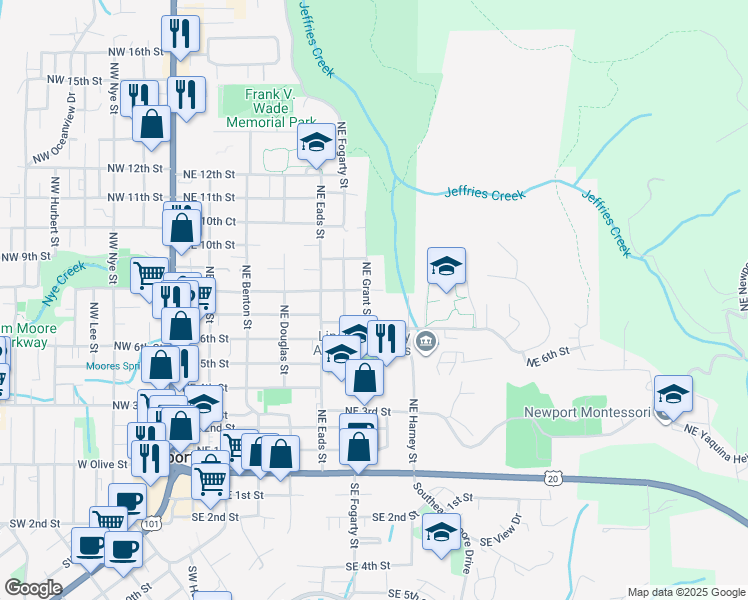 map of restaurants, bars, coffee shops, grocery stores, and more near 744 Northeast Grant Street in Newport