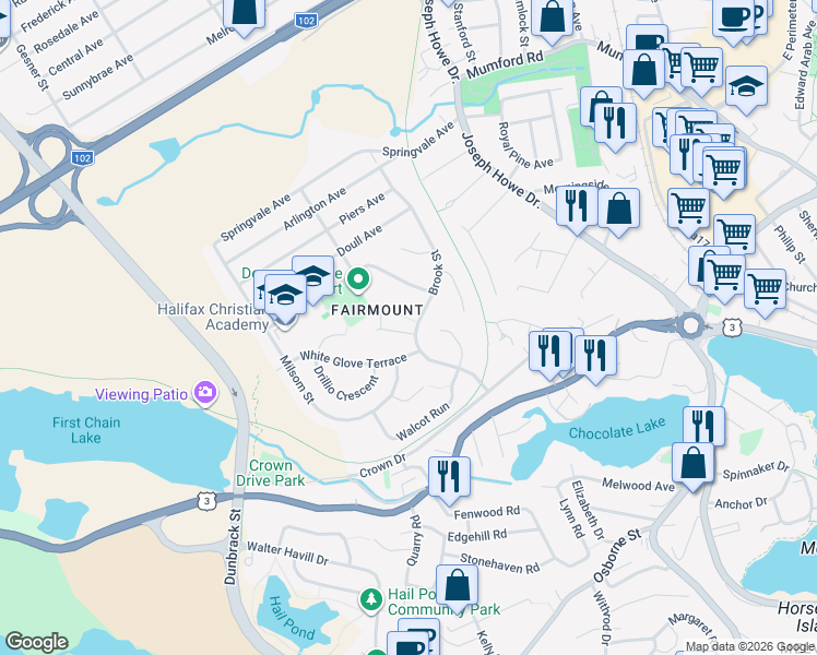 map of restaurants, bars, coffee shops, grocery stores, and more near 1 Samuel Terrace in Halifax