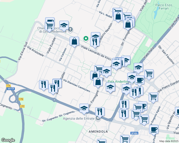 map of restaurants, bars, coffee shops, grocery stores, and more near Via Luigi Pasteur in Modena