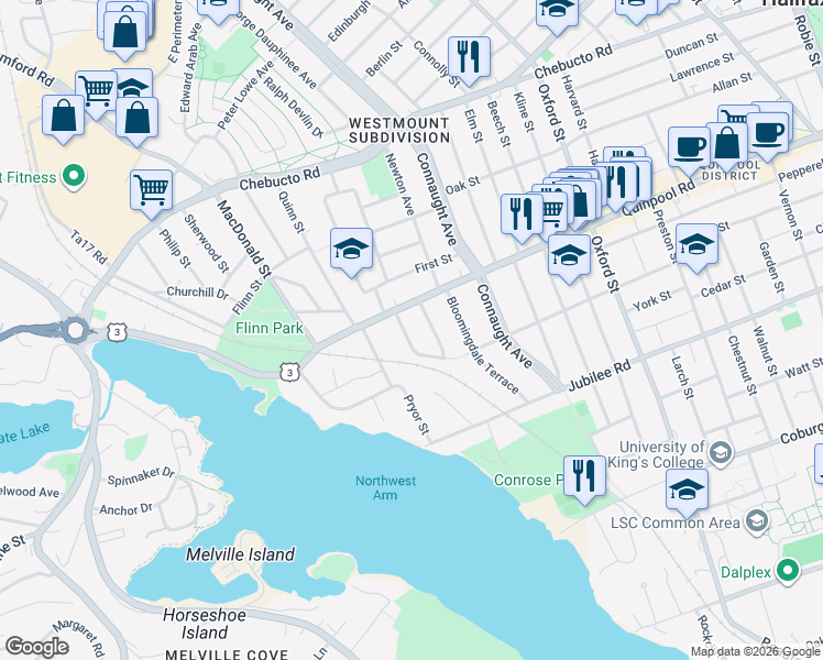 map of restaurants, bars, coffee shops, grocery stores, and more near 1967 Woodlawn Terrace in Halifax