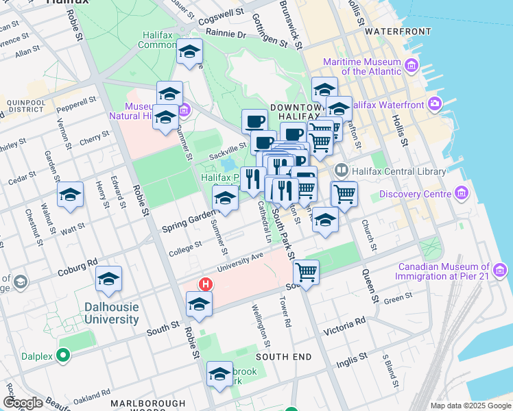 map of restaurants, bars, coffee shops, grocery stores, and more near 1472 Cathedral Lane in Halifax