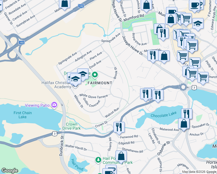 map of restaurants, bars, coffee shops, grocery stores, and more near 1 Samuel Terrace in Halifax