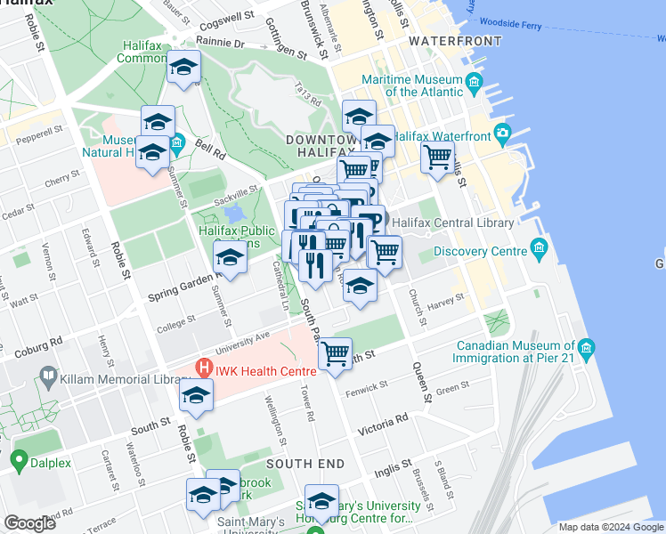 map of restaurants, bars, coffee shops, grocery stores, and more near 5543 Clyde Street in Halifax
