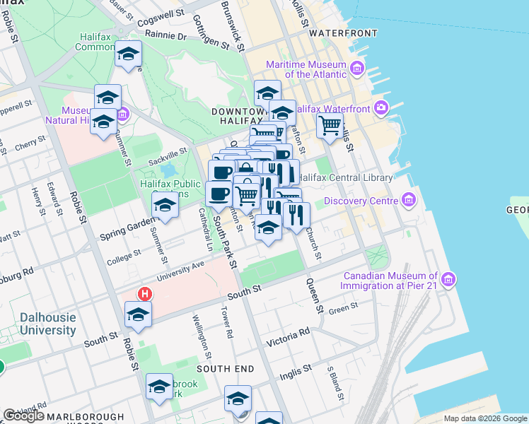 map of restaurants, bars, coffee shops, grocery stores, and more near 1358 Birmingham Street in Halifax