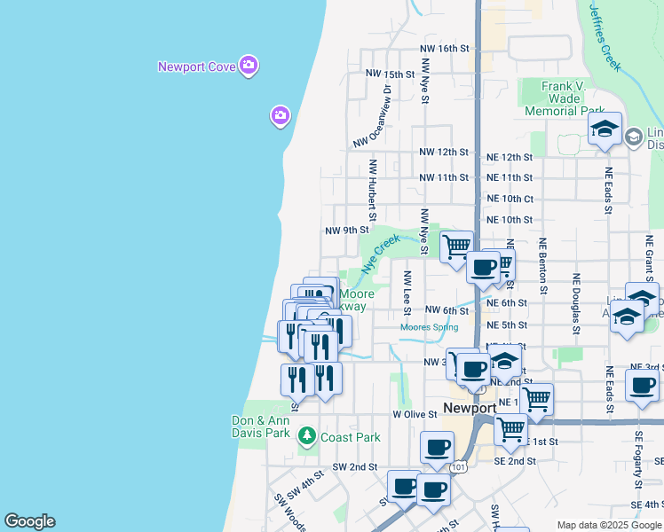 map of restaurants, bars, coffee shops, grocery stores, and more near 736 Northwest Coast Street in Newport