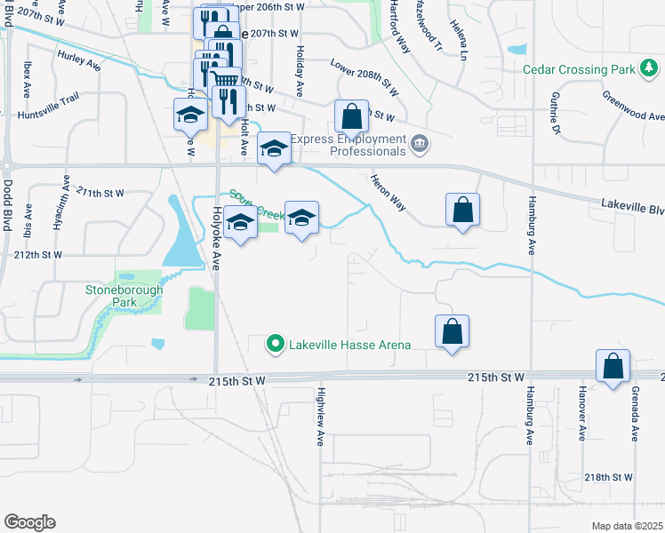 map of restaurants, bars, coffee shops, grocery stores, and more near 21315 Heywood Avenue in Lakeville
