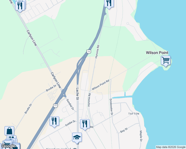 map of restaurants, bars, coffee shops, grocery stores, and more near 4357 Huronia Road in Orillia