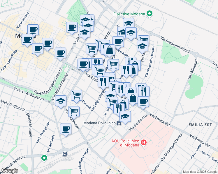 map of restaurants, bars, coffee shops, grocery stores, and more near 210 Via Emilia Est in Modena