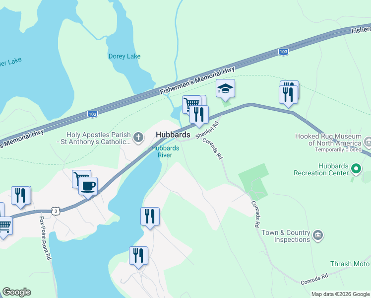map of restaurants, bars, coffee shops, grocery stores, and more near 2 Schwartz Road in Hubbards