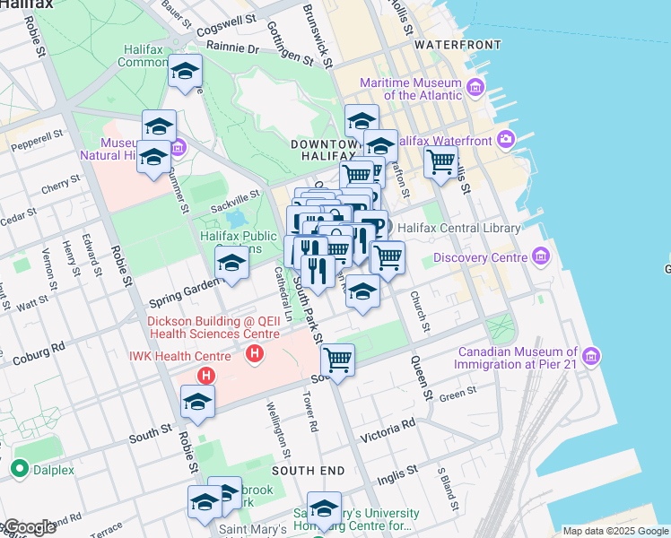 map of restaurants, bars, coffee shops, grocery stores, and more near 1448 Dresden Row in Halifax