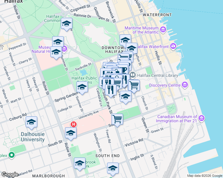 map of restaurants, bars, coffee shops, grocery stores, and more near 1457 Brenton Street in Halifax