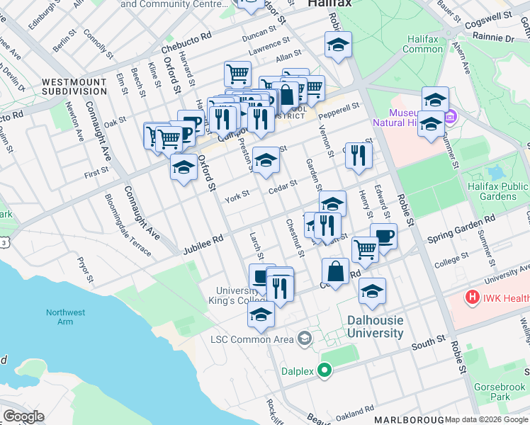 map of restaurants, bars, coffee shops, grocery stores, and more near 1730 Preston Street in Halifax