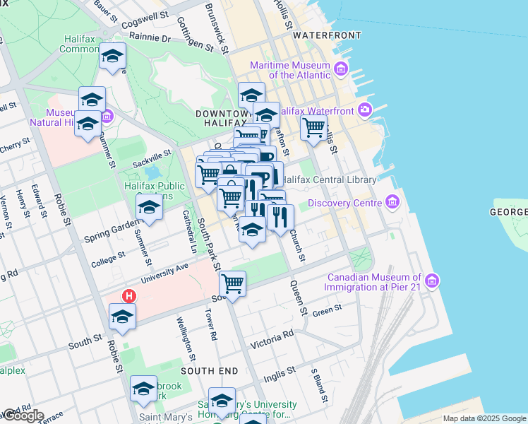 map of restaurants, bars, coffee shops, grocery stores, and more near 1352 Queen Street in Halifax