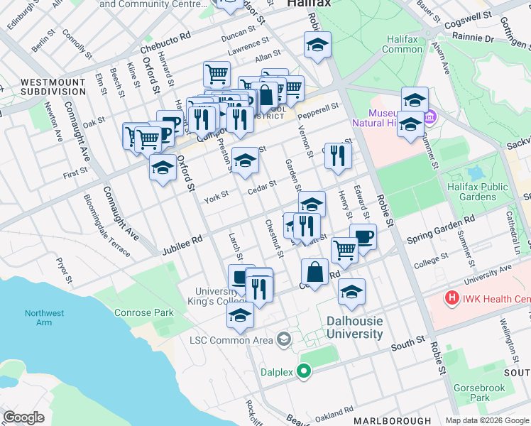 map of restaurants, bars, coffee shops, grocery stores, and more near Chestnut Street in Halifax