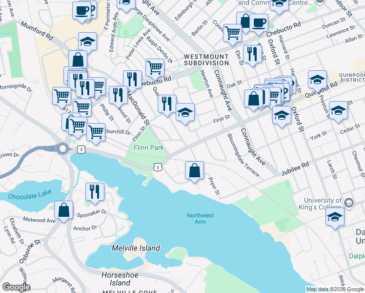 map of restaurants, bars, coffee shops, grocery stores, and more near 6839 Quinpool Road in Halifax