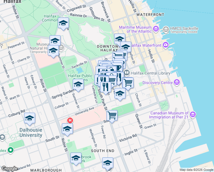 map of restaurants, bars, coffee shops, grocery stores, and more near 5543 Clyde Street in Halifax