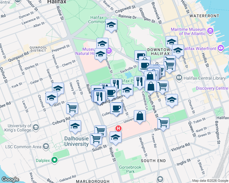 map of restaurants, bars, coffee shops, grocery stores, and more near 1540 Summer Street in Halifax