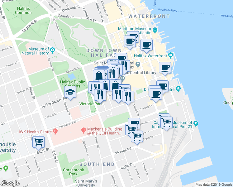 map of restaurants, bars, coffee shops, grocery stores, and more near 1357 Birmingham Street in Halifax