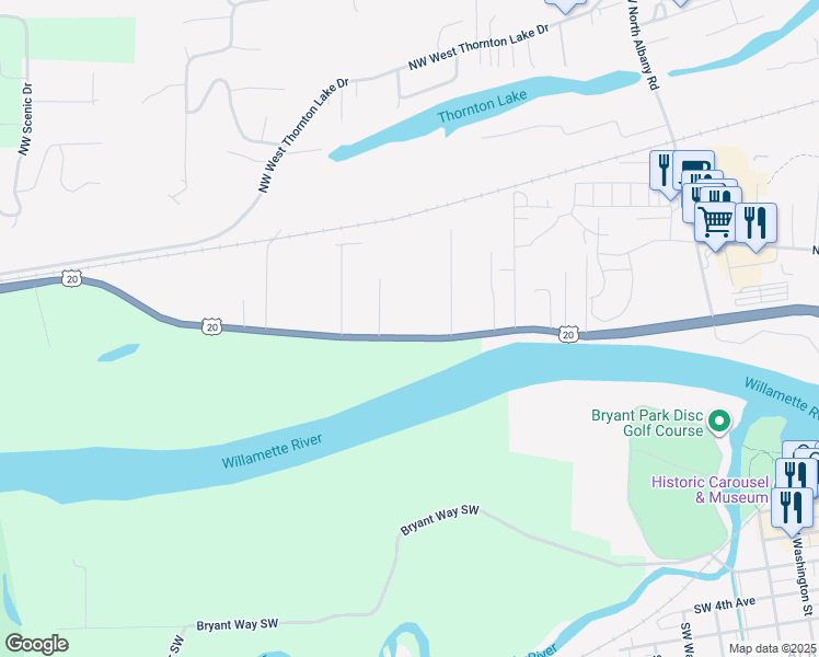 map of restaurants, bars, coffee shops, grocery stores, and more near 1857 Albany Corvallis Highway in Albany