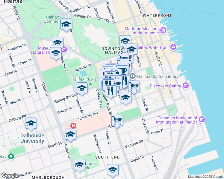 map of restaurants, bars, coffee shops, grocery stores, and more near 1461 Brenton Street in Halifax