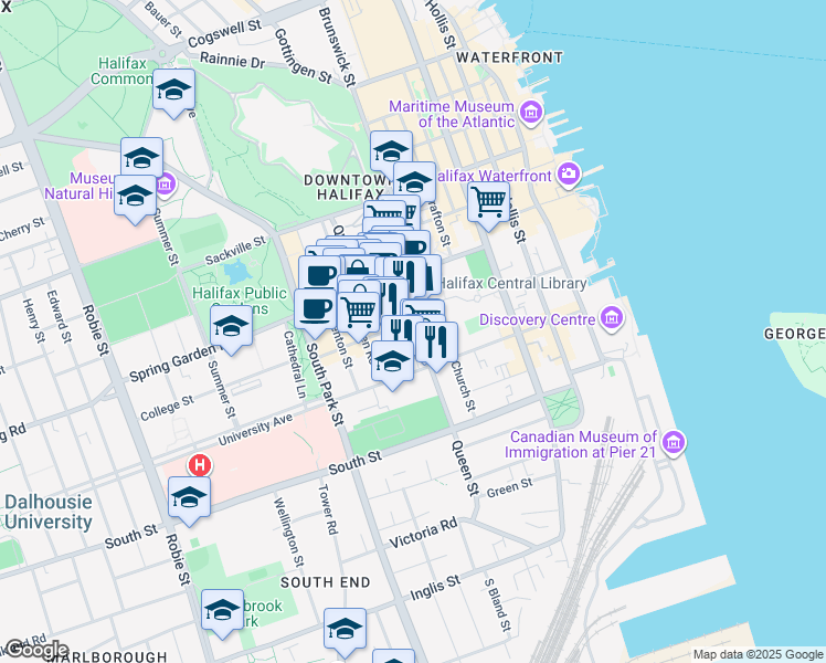 map of restaurants, bars, coffee shops, grocery stores, and more near 1356 Queen Street in Halifax